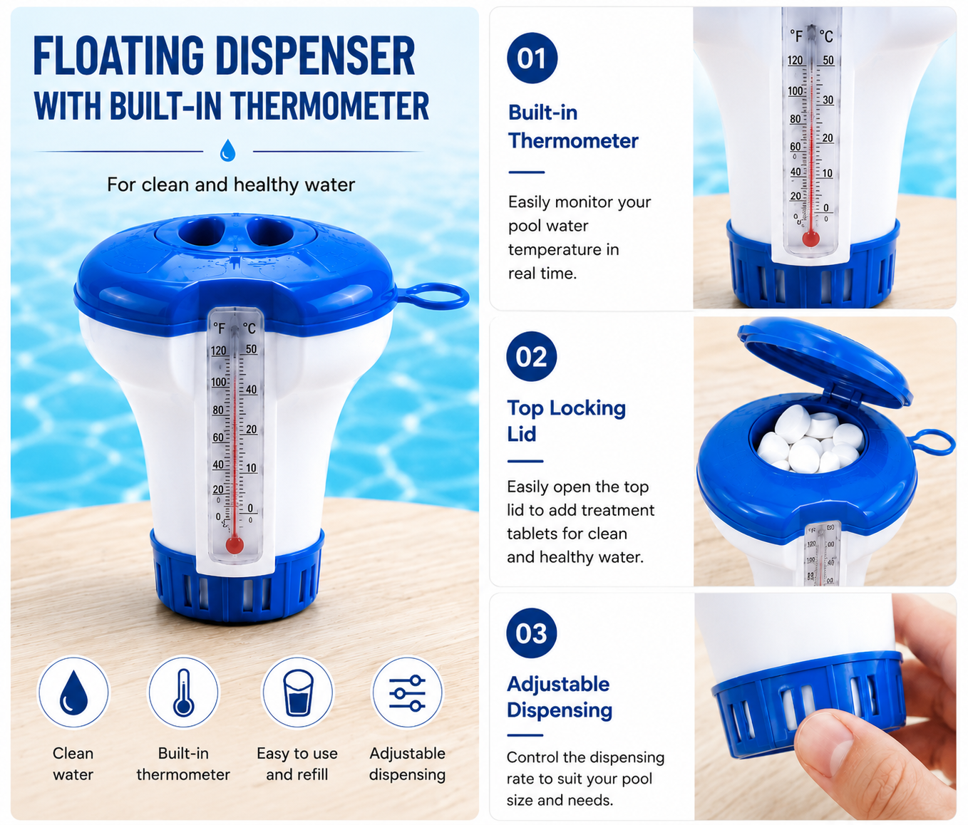 RZXEA™ 3-in-1 – Schwimmender Tablettenspender mit integriertem Thermometer